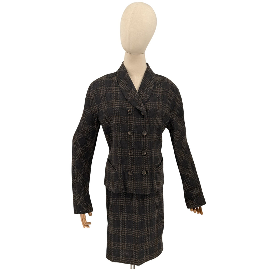 Vintage 90s Emanuel Ungaro Gray Wool Plaid Double Breasted Blazer Skirt Suit