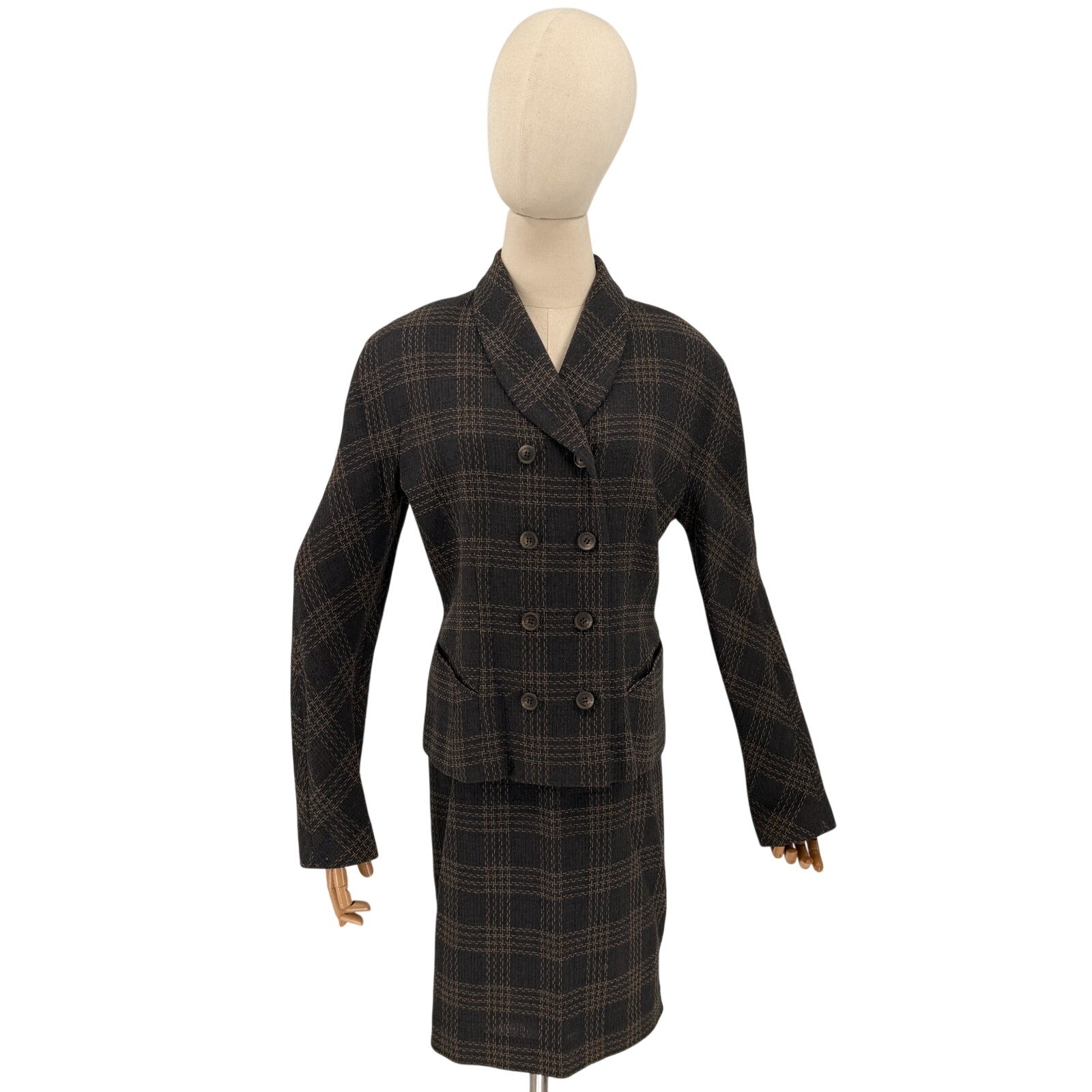 Vintage 90s Emanuel Ungaro Gray Wool Plaid Double Breasted Blazer Skirt Suit