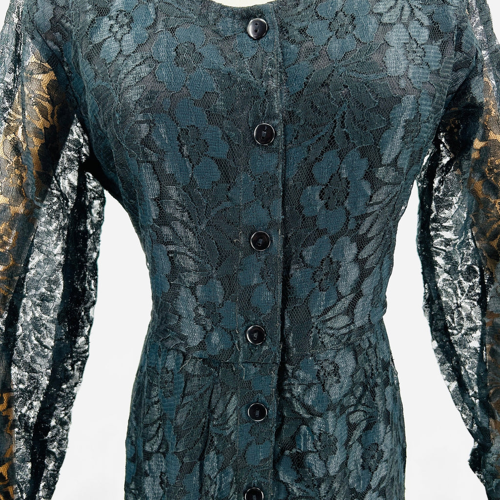 Vintage 90s M.P.H. Black Lace Romantic Button Front Long Sleeve Maxi Dress