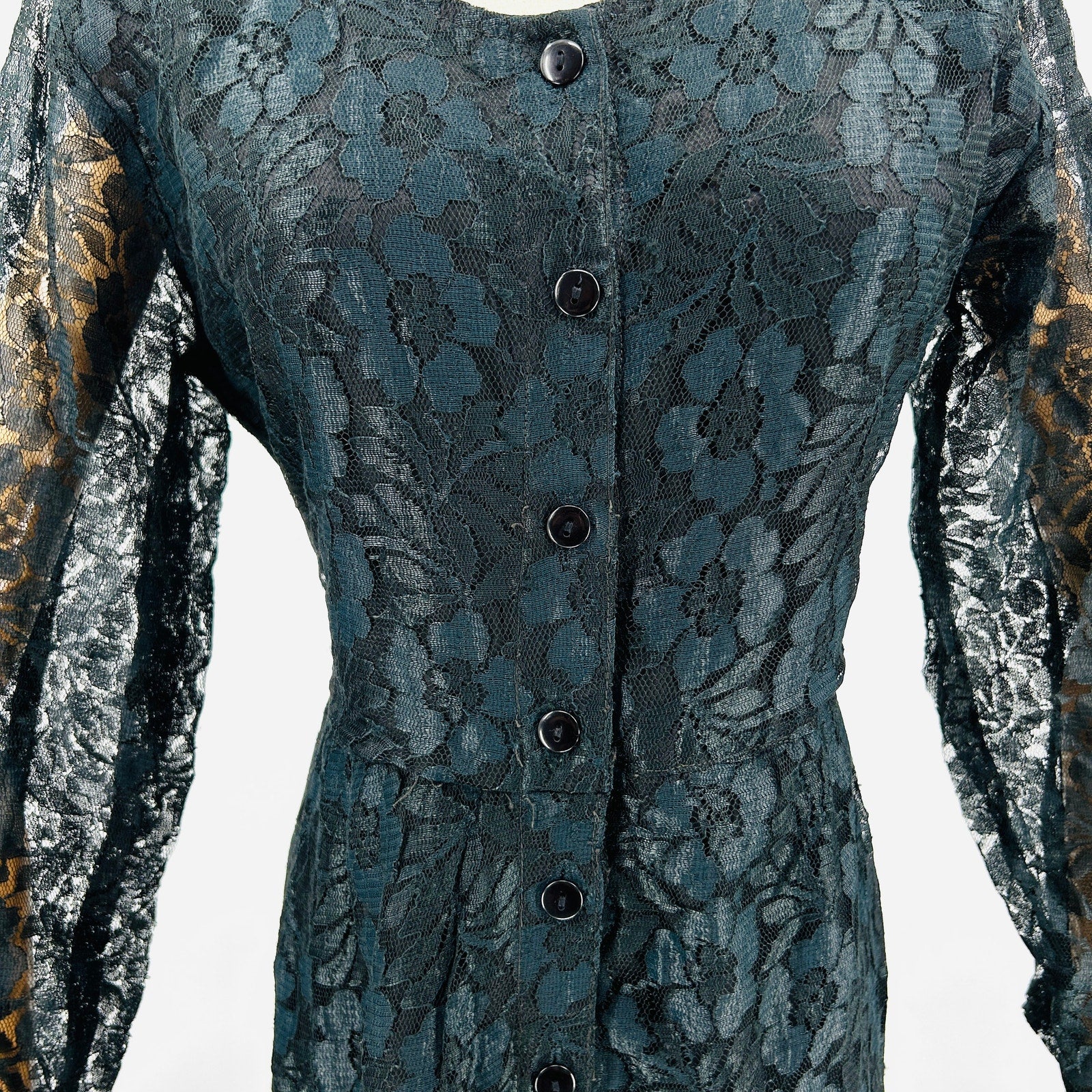 Vintage 90s M.P.H. Black Lace Romantic Button Front Long Sleeve Maxi Dress