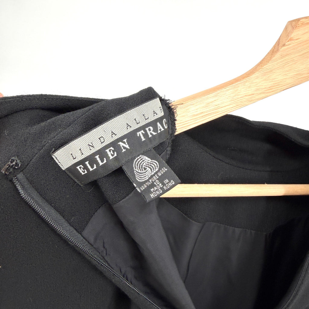Vintage 90s Linda Allard Ellen Tracy Black 100% Wool Mock Neck Midi Dress
