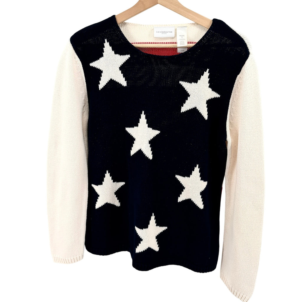 Vintage Y2K Liz Claiborne Petite Navy Cream 100% Cotton American Flag Sweater