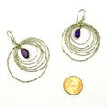 Vintage 90s Sterling Silver Amethyst Hammered Concentric Ring Drop Earrings