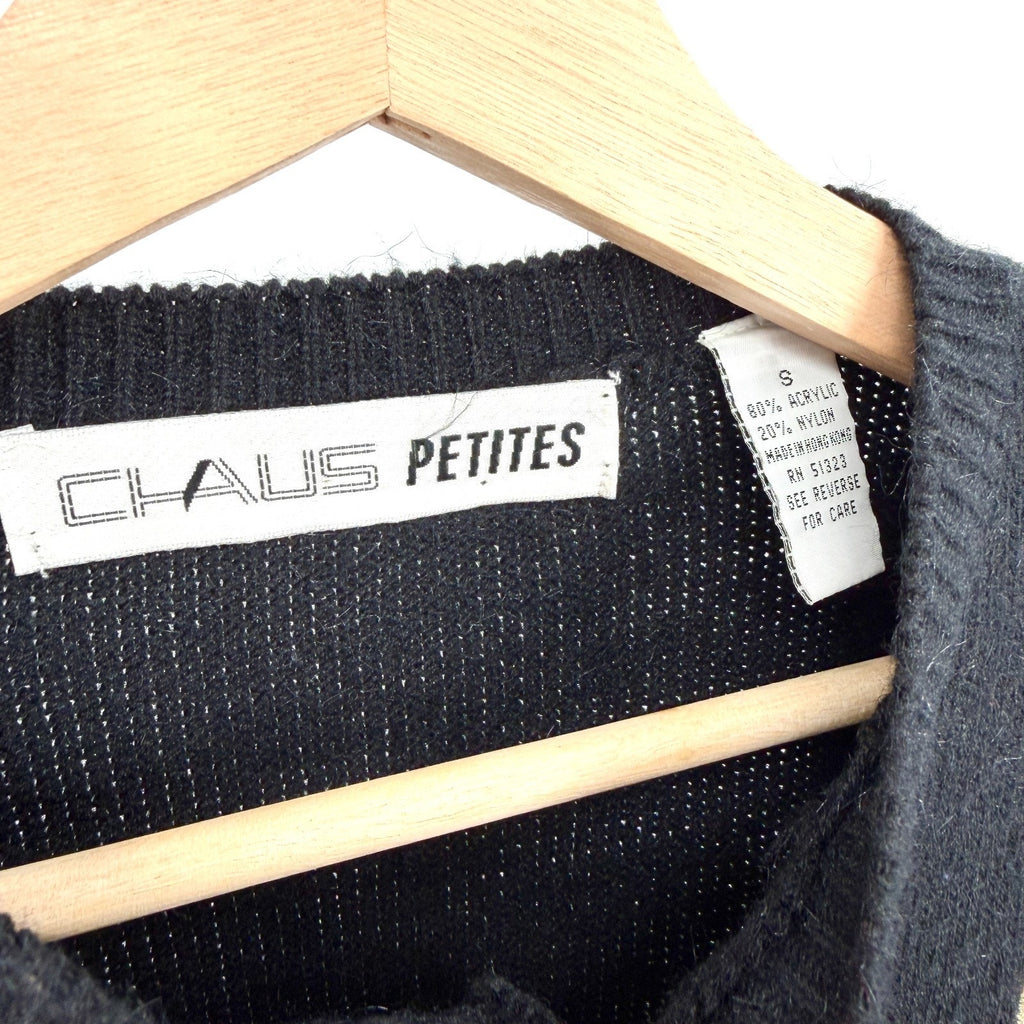 Vintage 90s Chaus Petites Black Jeweled Chain Embroidered Cardigan