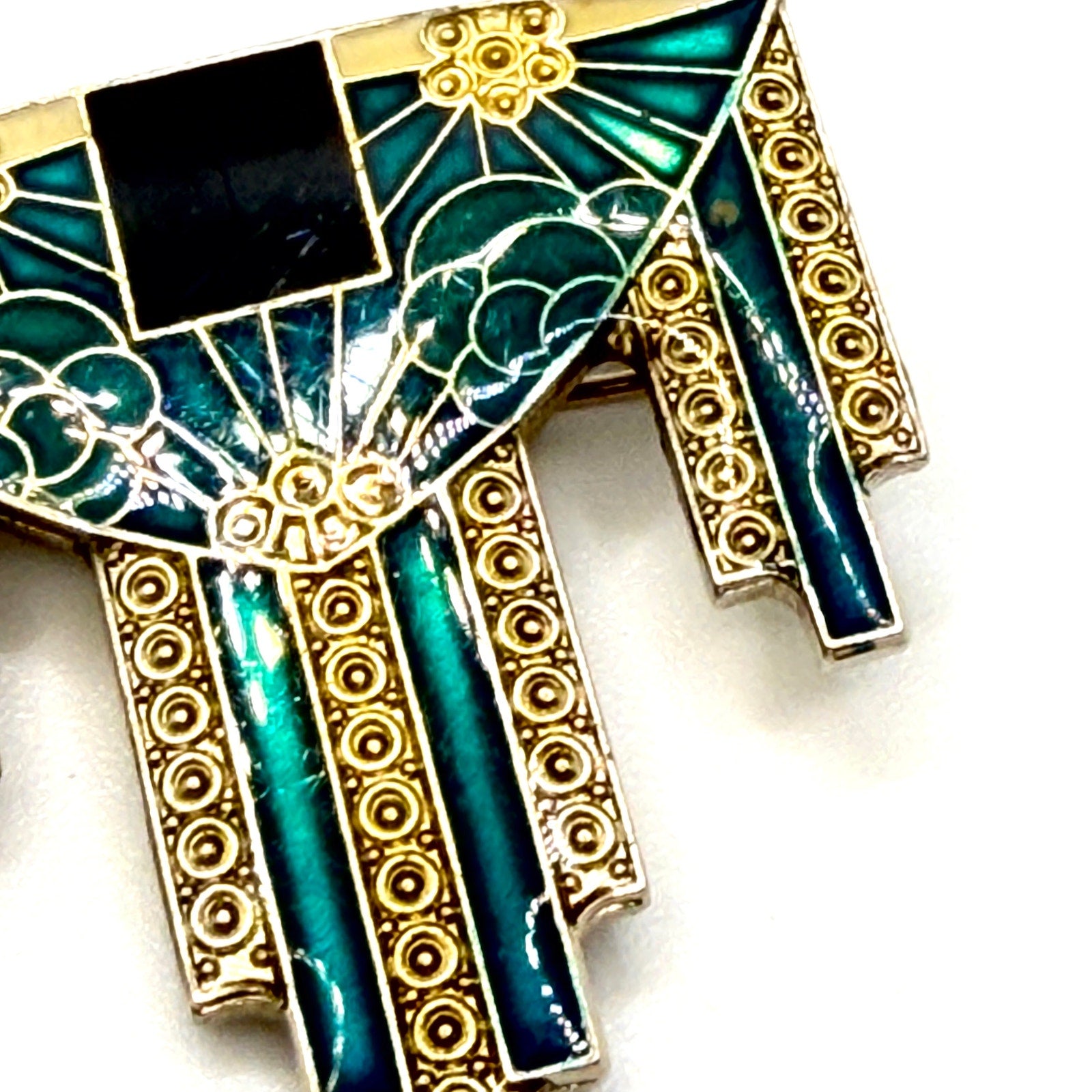Vintage 90s Teal Enamel Gold Tone Art Deco Revival Geometric Fan Brooch Pin