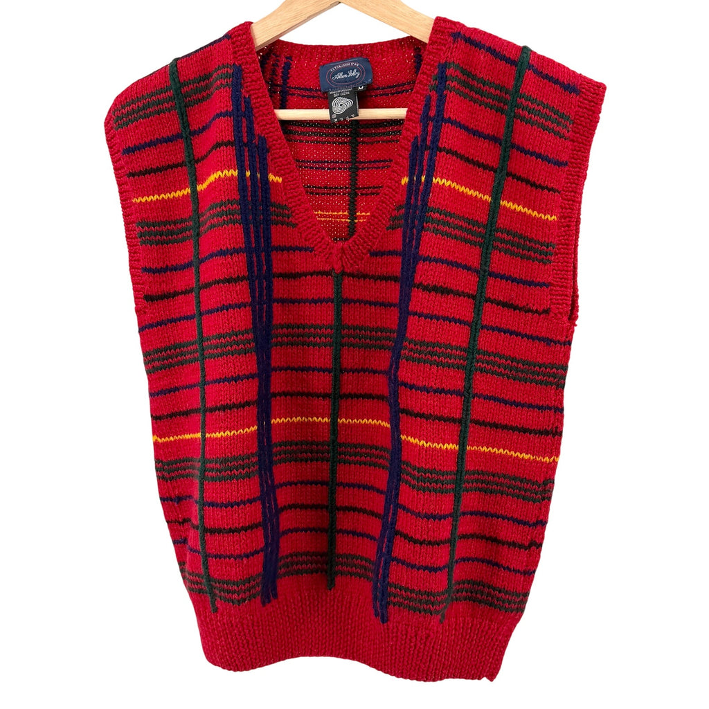 Vintage 80s Allen Solly Red 100% Wool Tartan Preppy V-Neck Sweater Vest