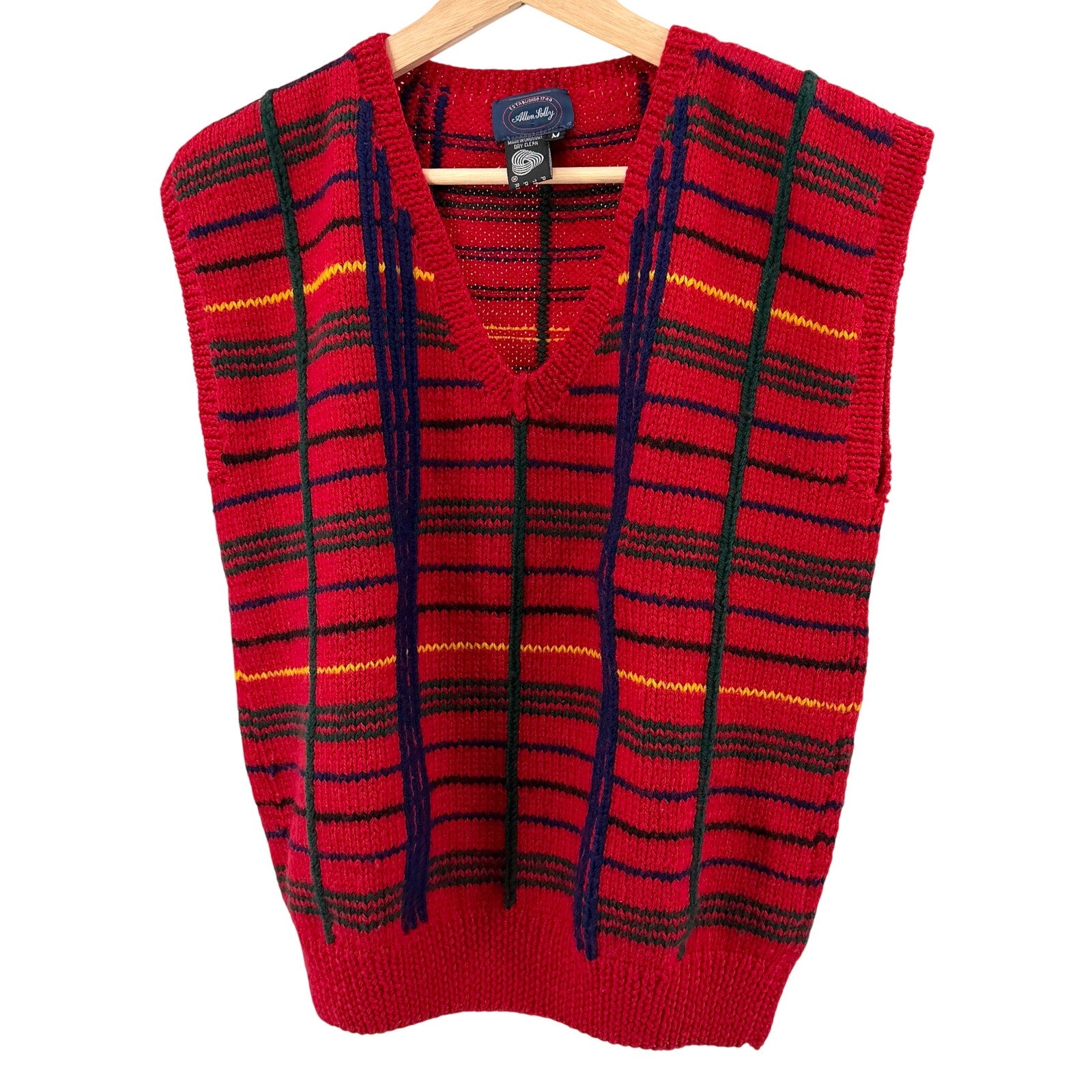 Vintage 80s Allen Solly Red 100% Wool Tartan Preppy V-Neck Sweater Vest