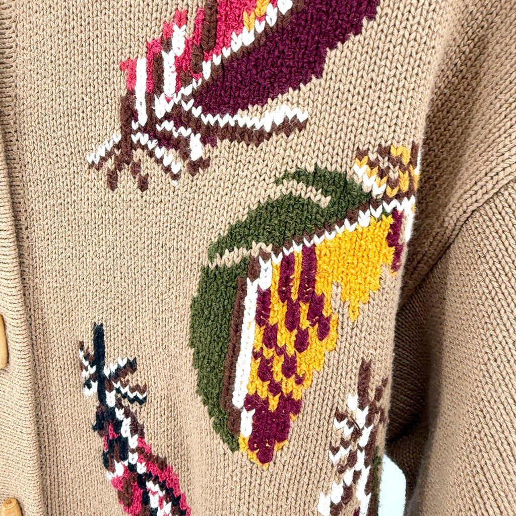 Vintage 90s First Issue Tan Brown 100% Cotton Toggle Knit Cardigan