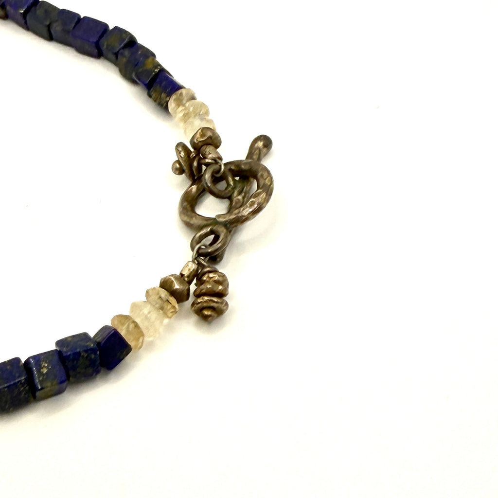 Vintage 90s Sterling Silver Lapis Lazuli Cube Beaded Statement Necklace