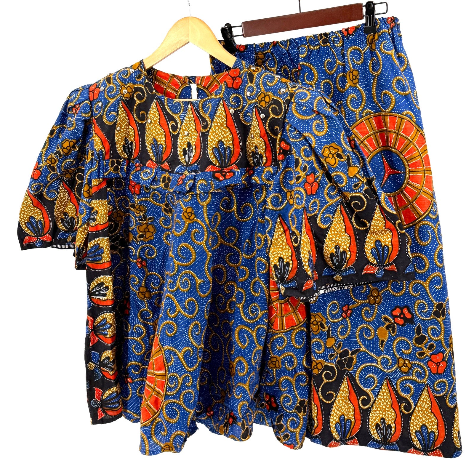 Vintage Y2K Handmade Blue 100% Cotton Afrobohemian Studded Top Midi Skirt Set