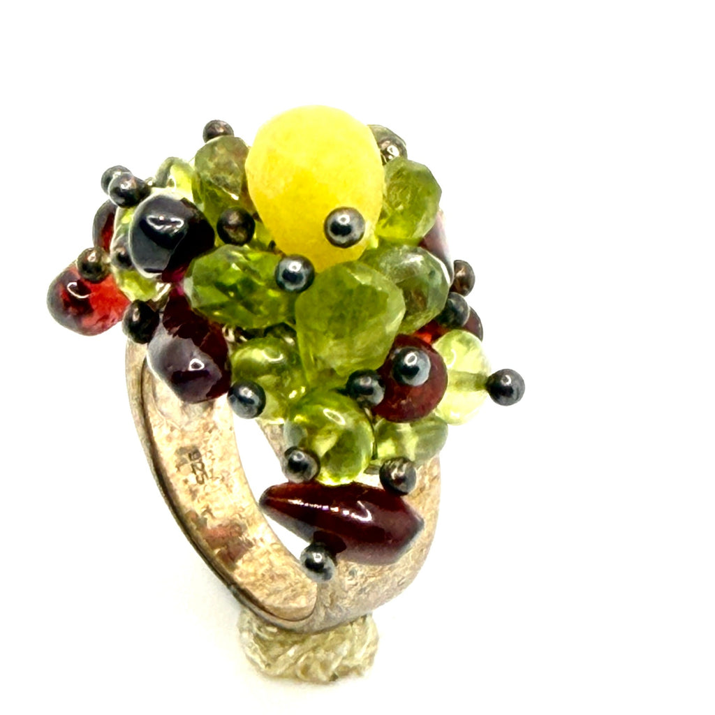 Vintage Y2K Sterling Silver Stamped Multi Gemstone Peridot Garnet Cluster Ring