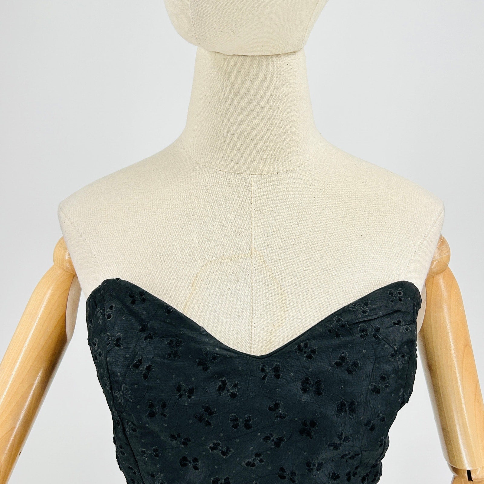 Vintage 60s Black Velvet Flocked Taffeta Strapless Peplum Dress