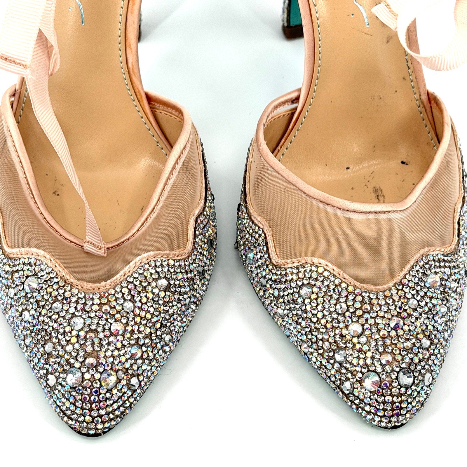 Betsey Johnson Iris Blush Pink Rhinestone Lace  Ribbon Tie Stiletto Heels