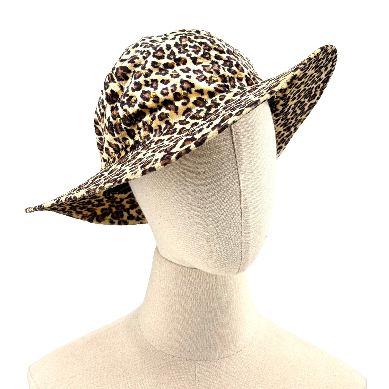 Vintage 90s Leopard Velvet Gold Studded Wire Brim Bucket Hat