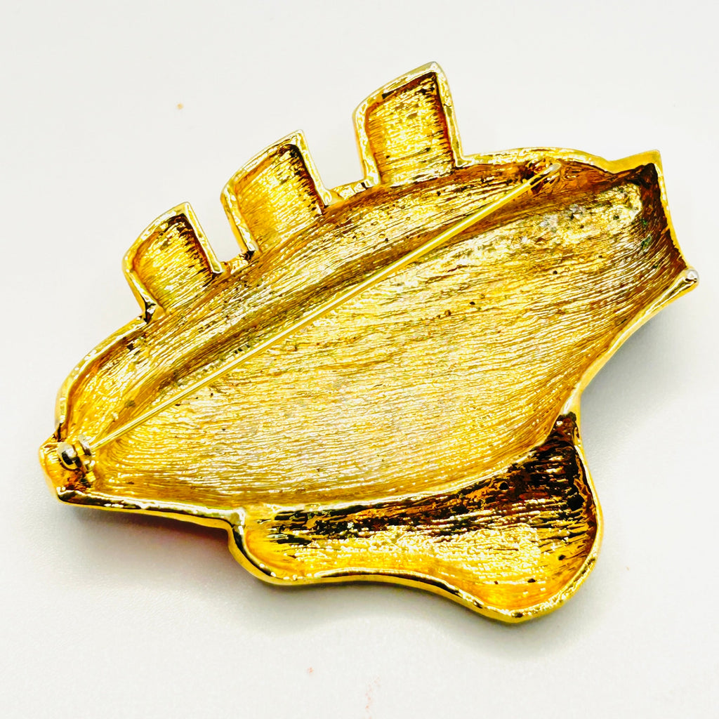 Vintage 80s/90s Gold Enamel Black Red Nautical Rhinestone Cruise Ship Brooch Pin