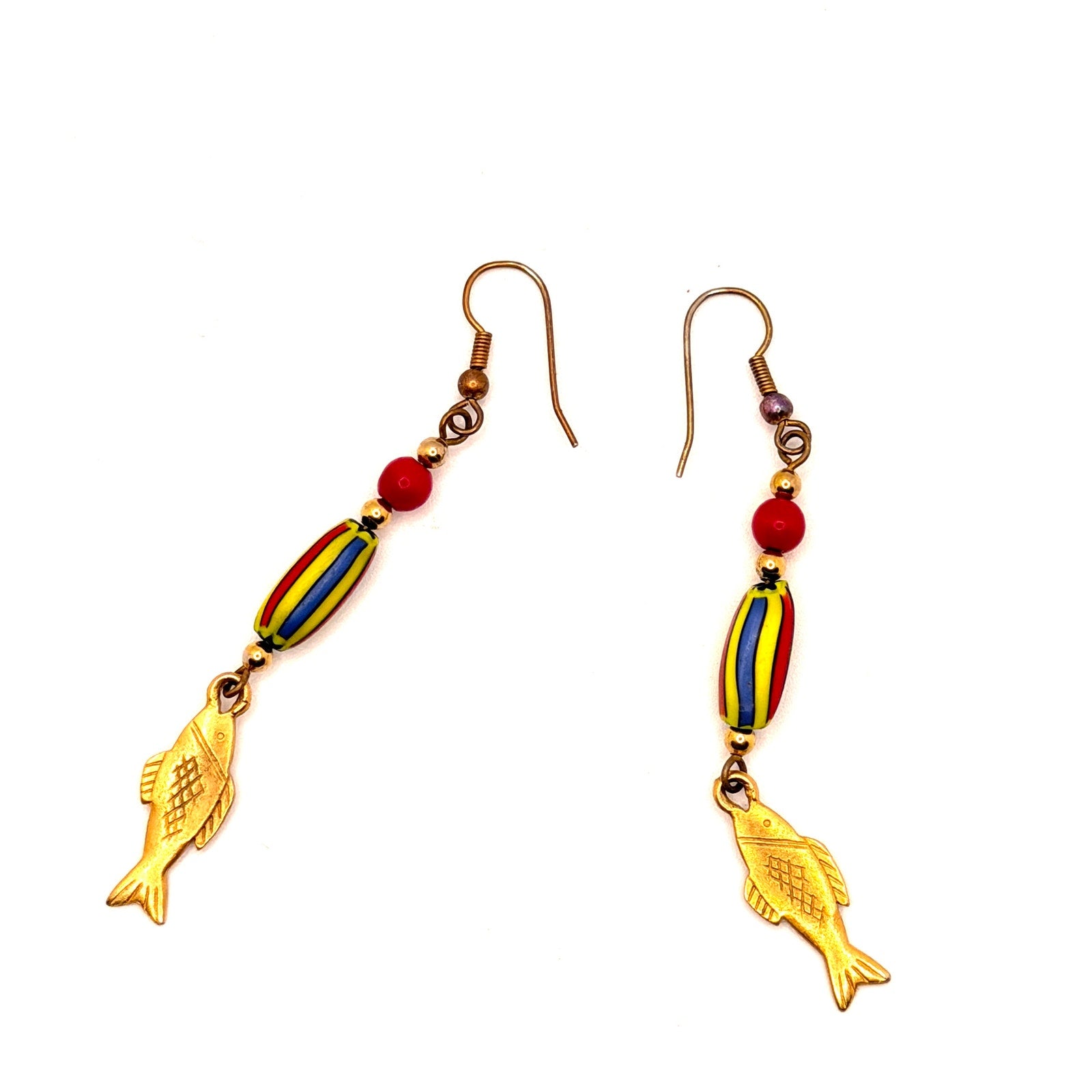 Vintage 90s Multicolor Venetian Glass African Trade Bead Gold Fish Drop Earrings