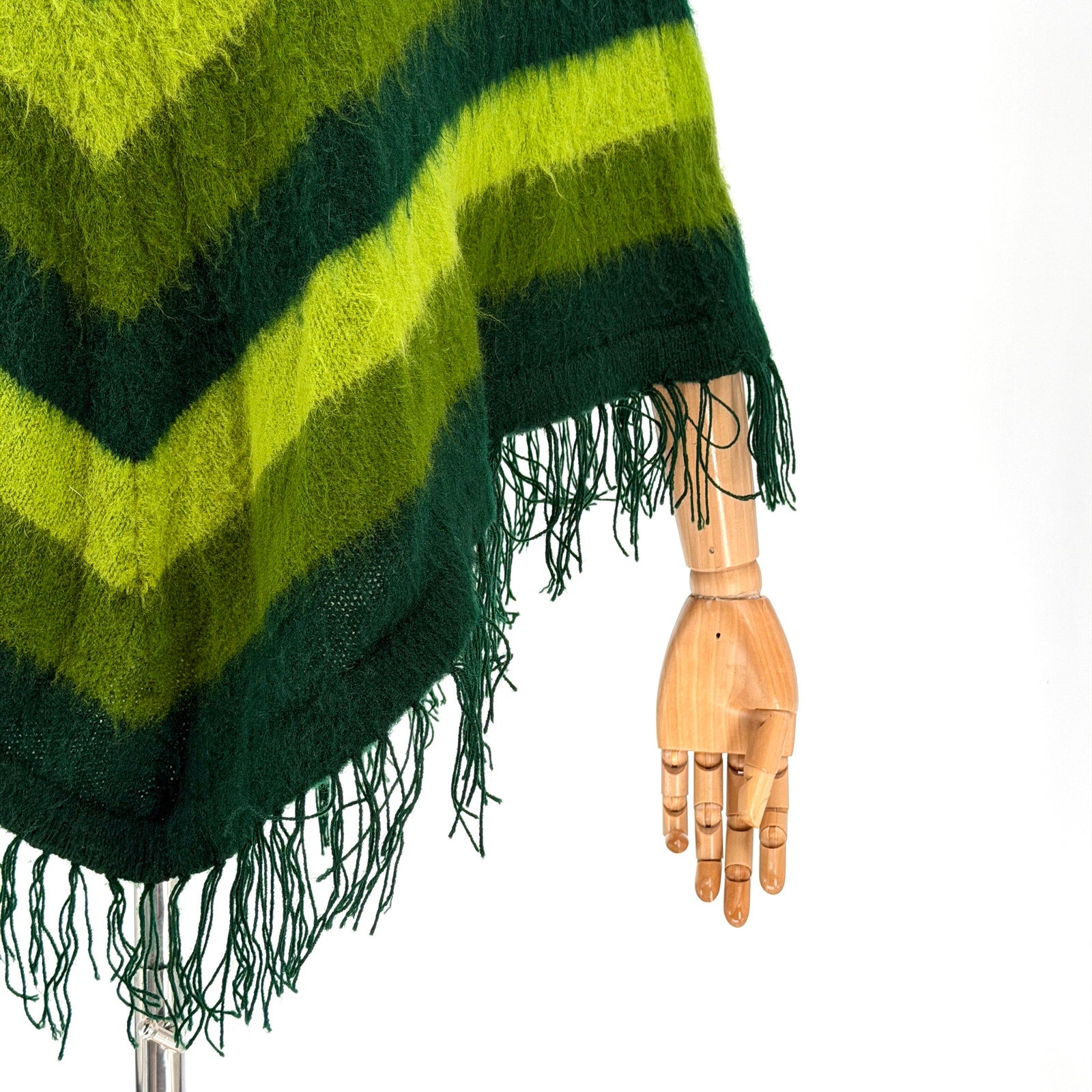 Vintage 70s Green Chevron Striped Acrylic Knit Fringe Poncho Cape