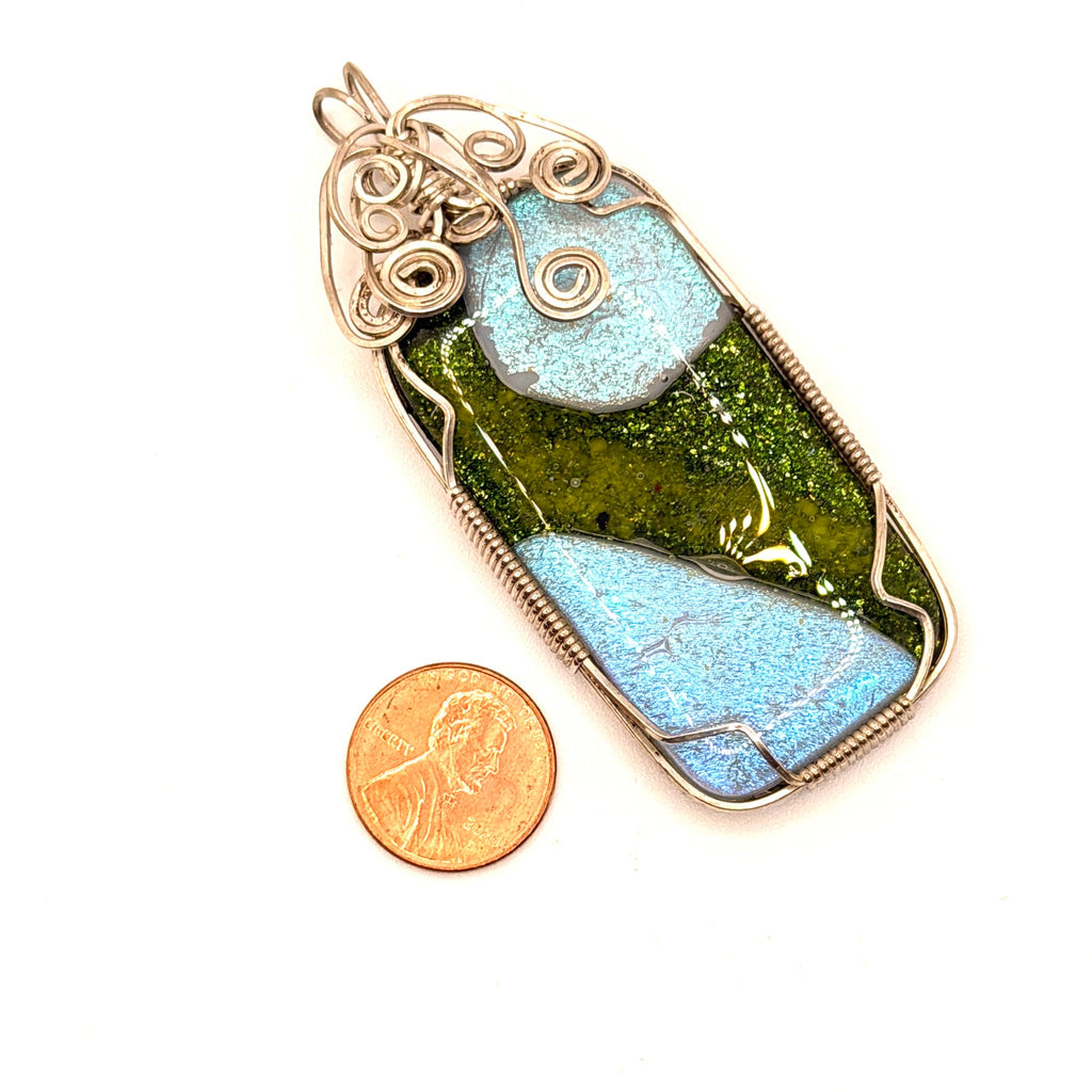 Vintage 90s Green Blue Dichroic Glass Wire Wrapped Statement Pendant