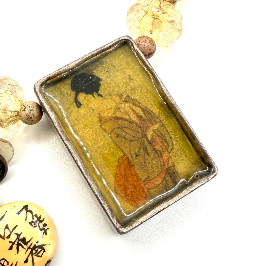 Vintage 90s Chico's Yellow Amber Chinoiserie Geisha Necklace Earring Set