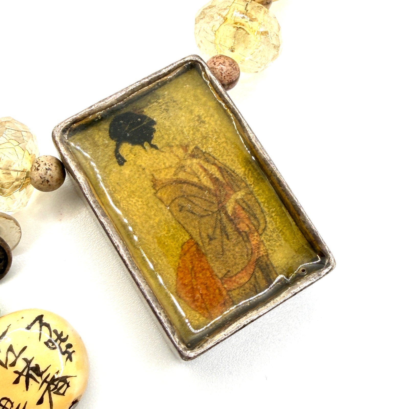 Vintage 90s Chico's Yellow Amber Chinoiserie Geisha Necklace Earring Set