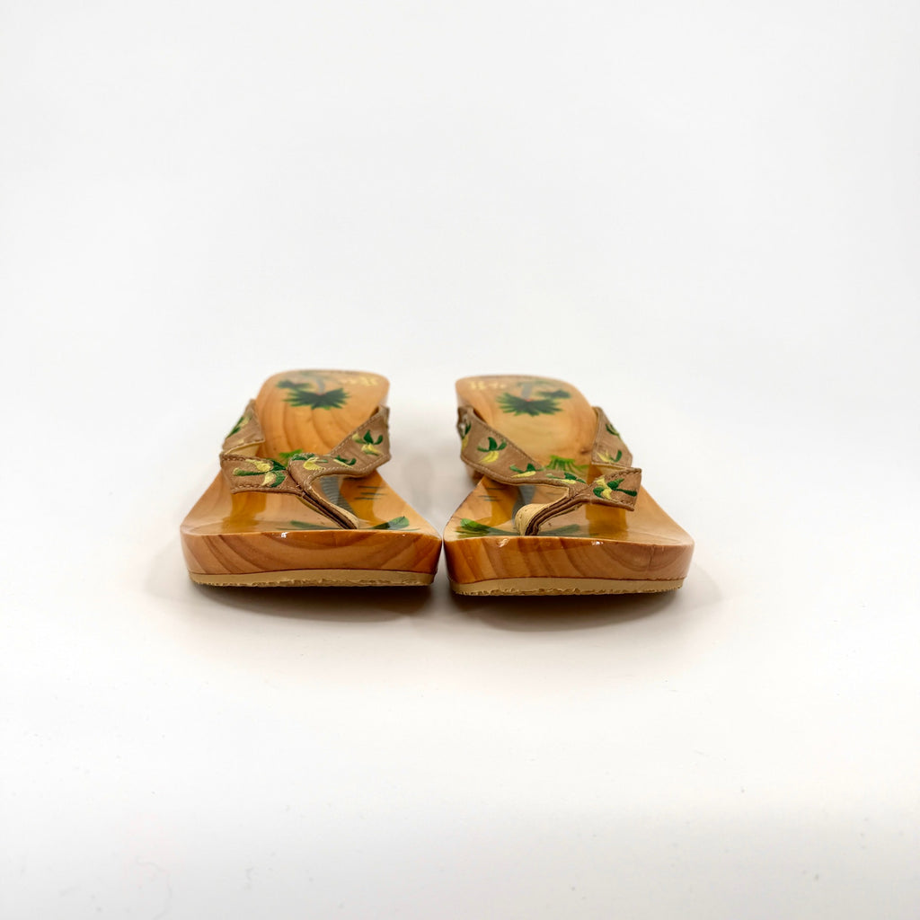 Vintage 90s Woodies Tan Wood Tropical Embroidered Satin Studded Clog Sandals
