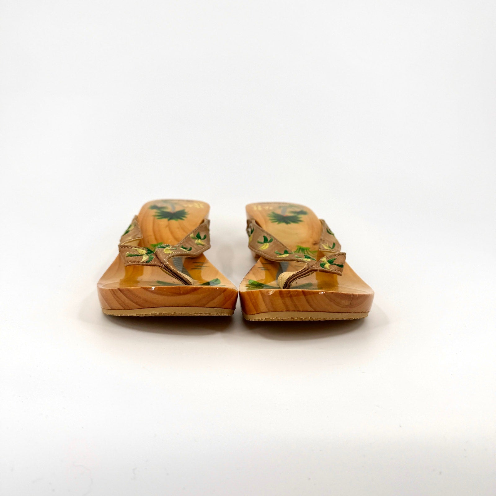 Vintage 90s Woodies Tan Wood Tropical Embroidered Satin Studded Clog Sandals