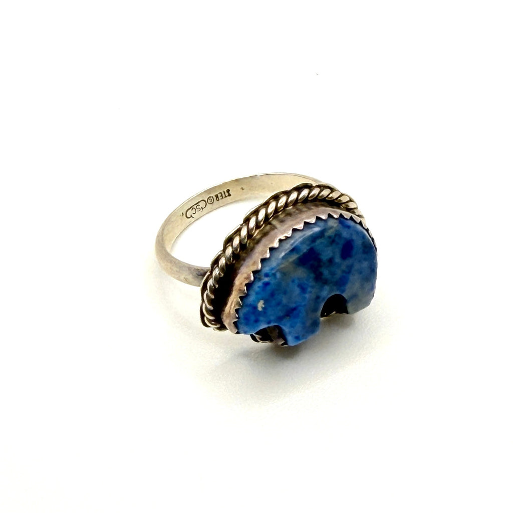 Vintage 80s Signed SC Sodalite Bear Fetish Sterling Silver Southwestern Ring