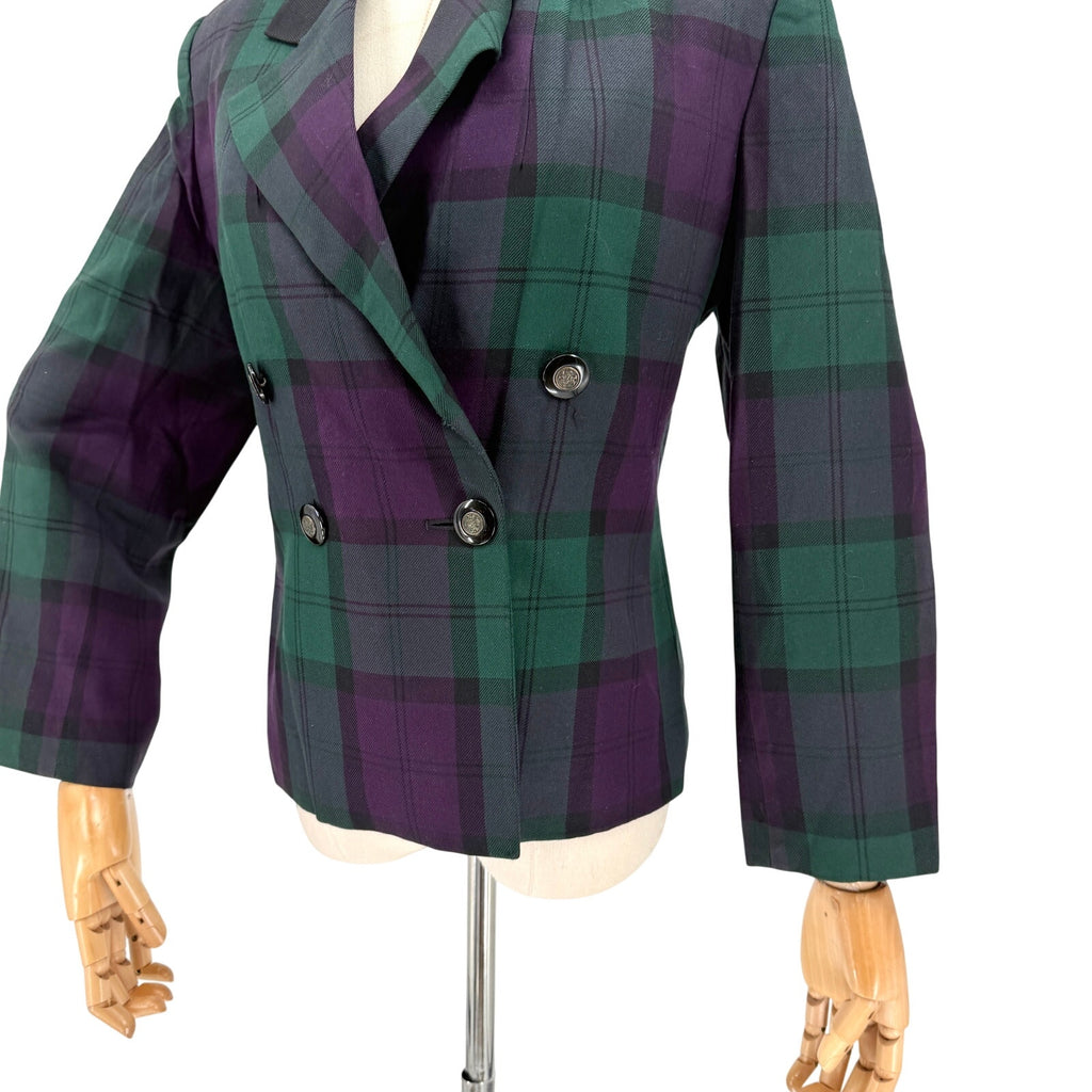 Vintage 90s Le Suit Petite Forest Green Purple Tartan Plaid Blazer Jacket