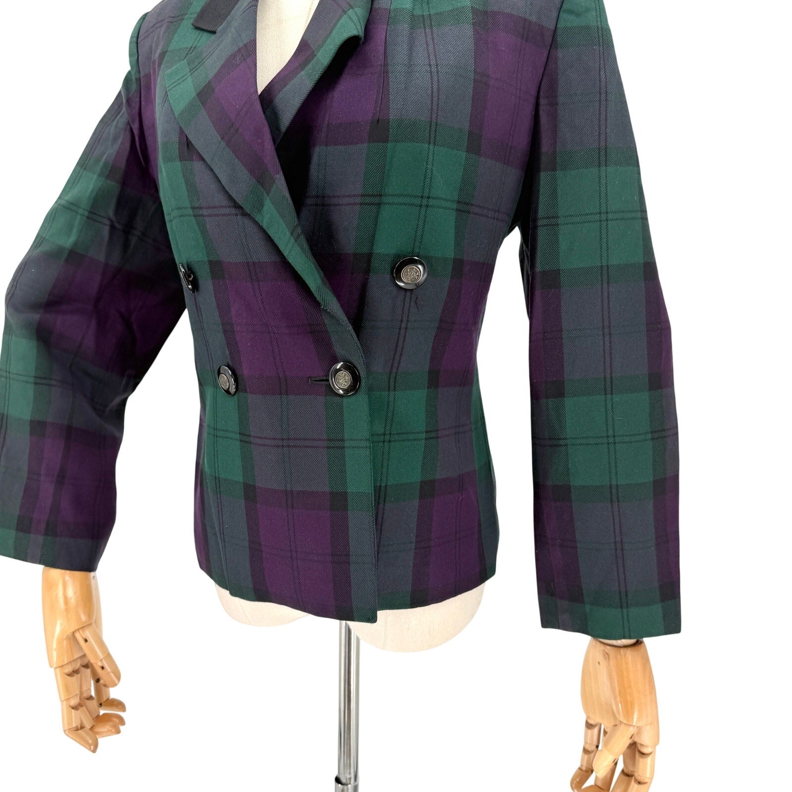 Vintage 90s Le Suit Petite Forest Green Purple Tartan Plaid Blazer Jacket