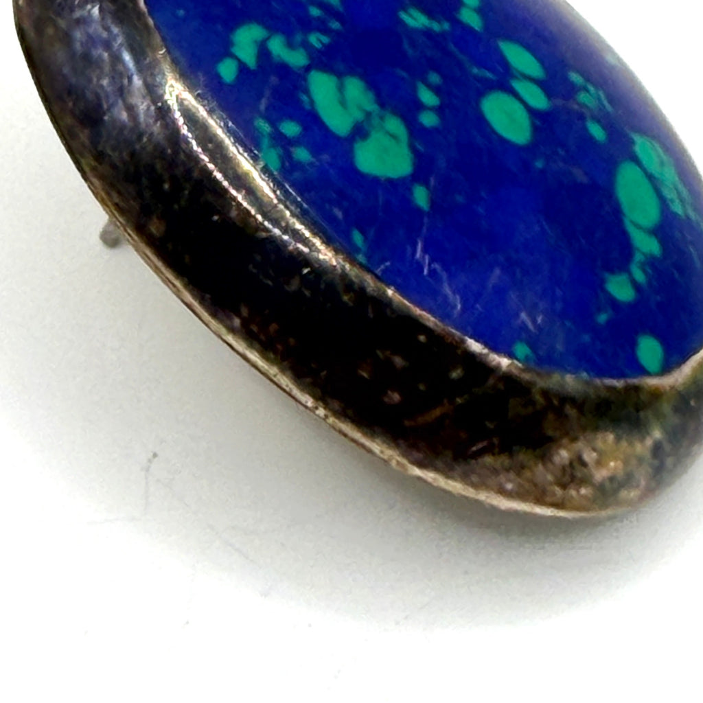 Vintage 90s Stamped Sterling Silver Mexico TF-04 Azurite Malachite Oval Earrings