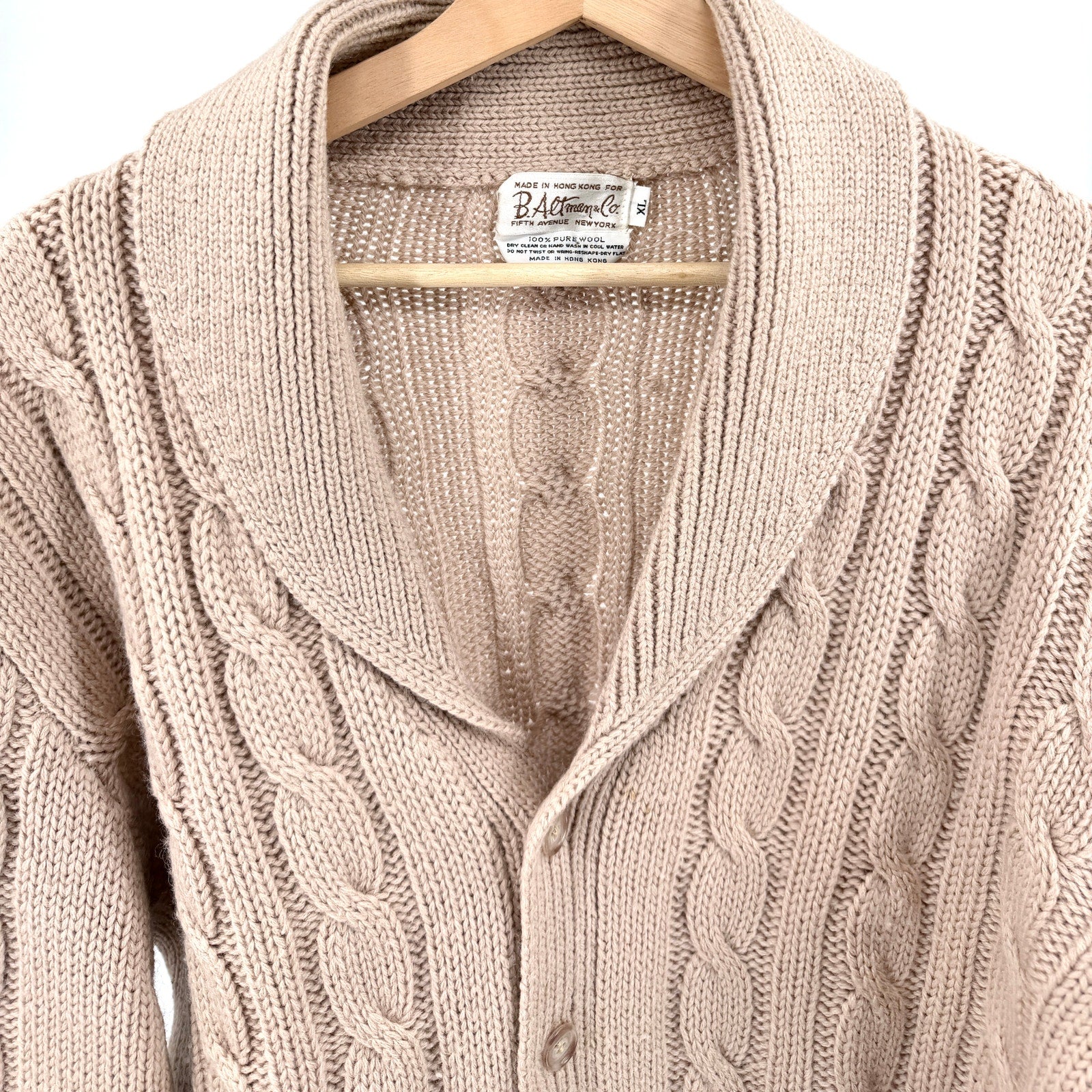 Vintage 70s B Altman Beige 100% Wool Cable Knit Shawl Collar Cardigan