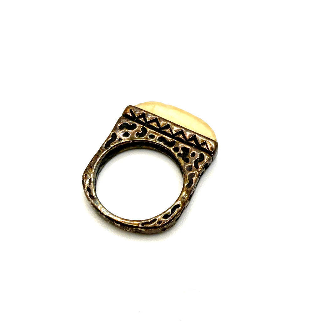 Vintage 90s Honey Amber Sterling Silver Geometric Tribal Stamped Statement Ring