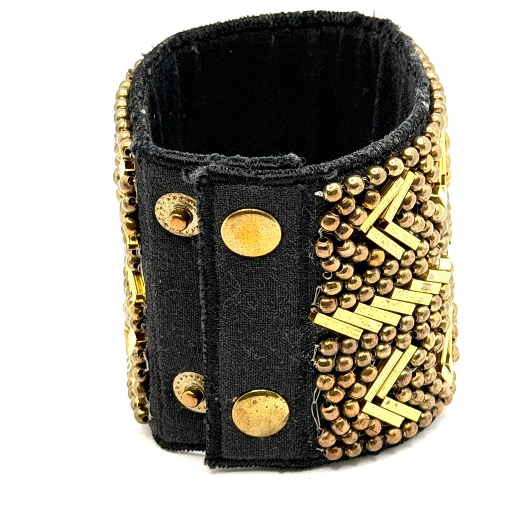 Vintage 90s Gold Tone Beaded Geometric Black Fabric Cuff Bracelet