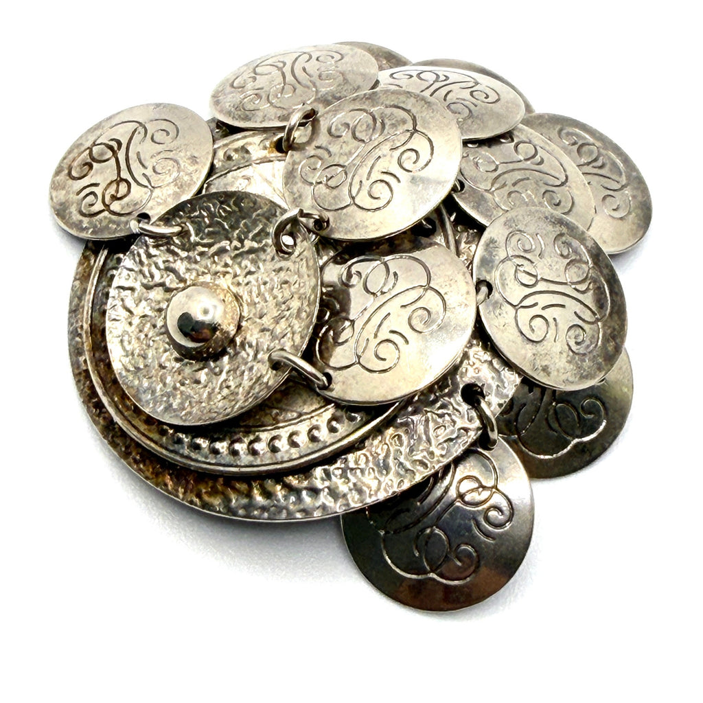 Vintage 90s Silver Tone Textured Multi Coin Dangle Cluster Clip On Earrings