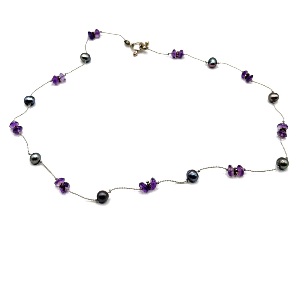 Vintage 90s Purple Grey Amethyst Pearl Tin Cup Toggle Necklace