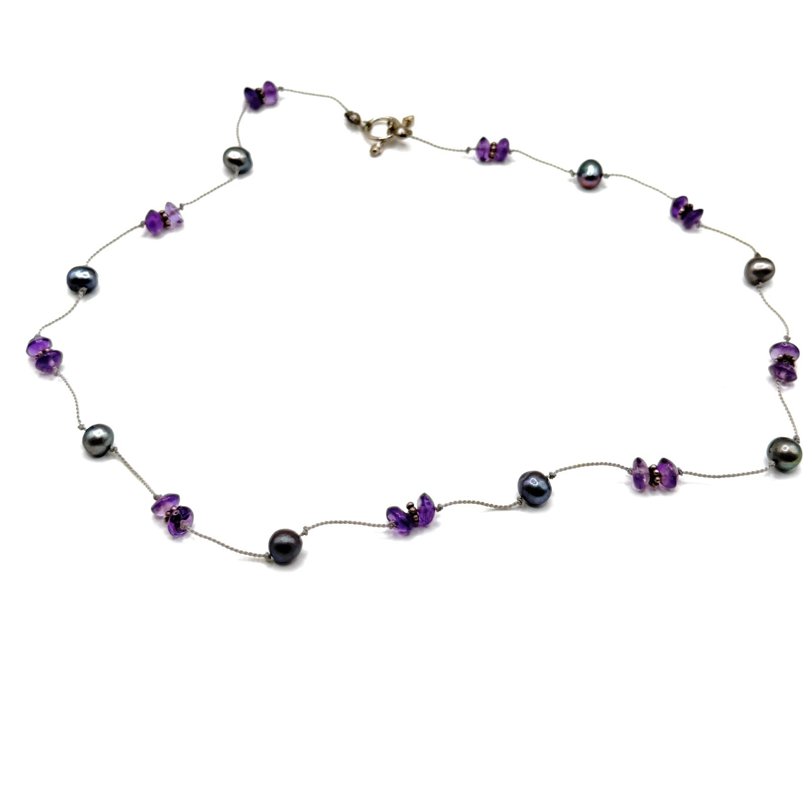 Vintage 90s Purple Grey Amethyst Pearl Tin Cup Toggle Necklace