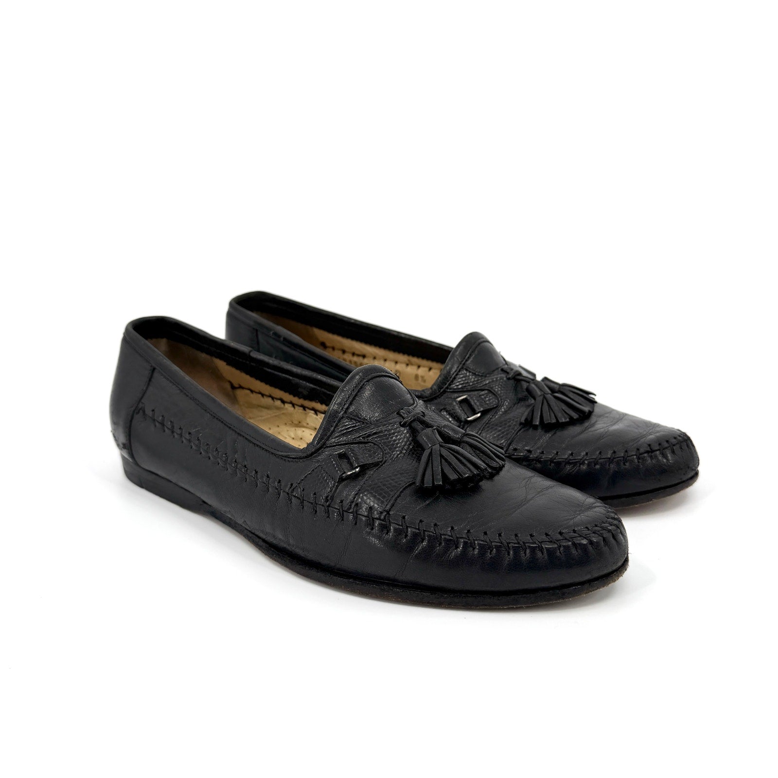Vintage 90s Santoni Black Genuine Leather Snake Embossed Tassel Loafers