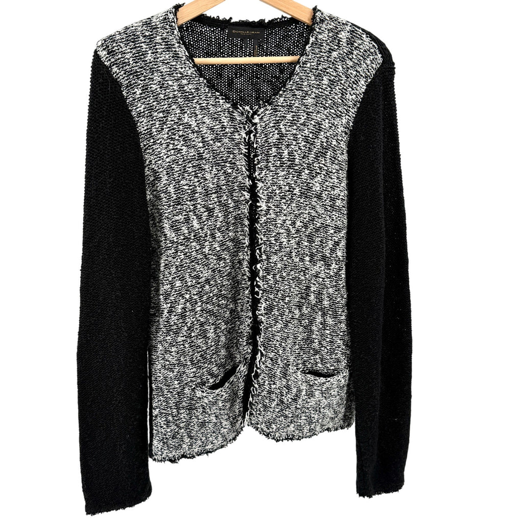 Donna Karan New York Black White Tweed Colorblock Cardigan Sweater