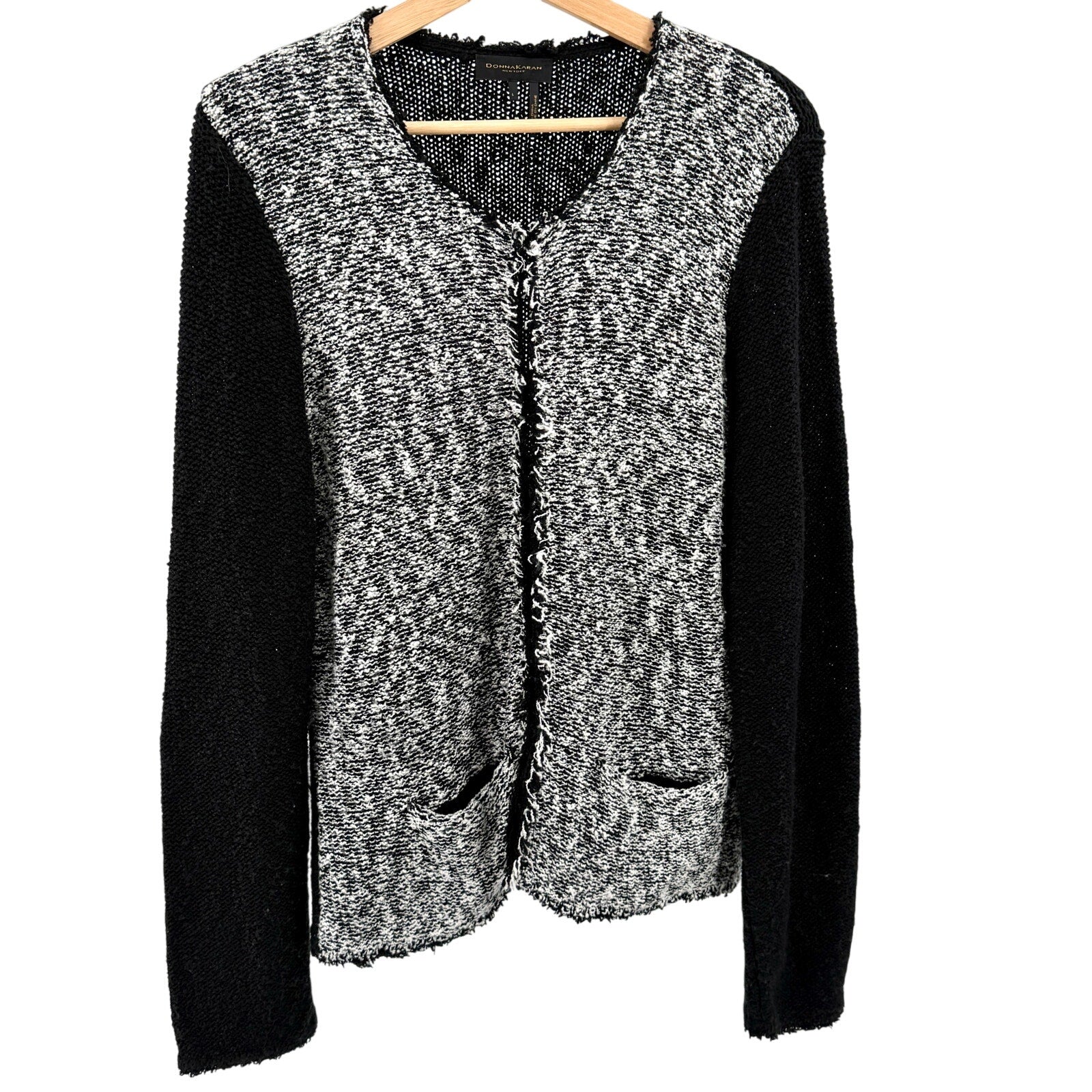 Donna Karan New York Black White Tweed Colorblock Cardigan Sweater