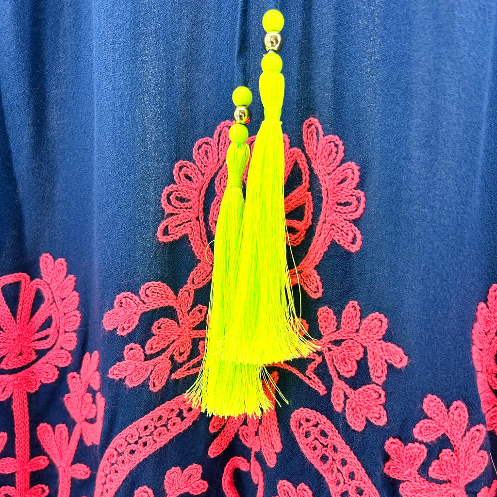 Lilly Pulitzer Navy Blue Pink Embroidered Tassel Peasant Blouse