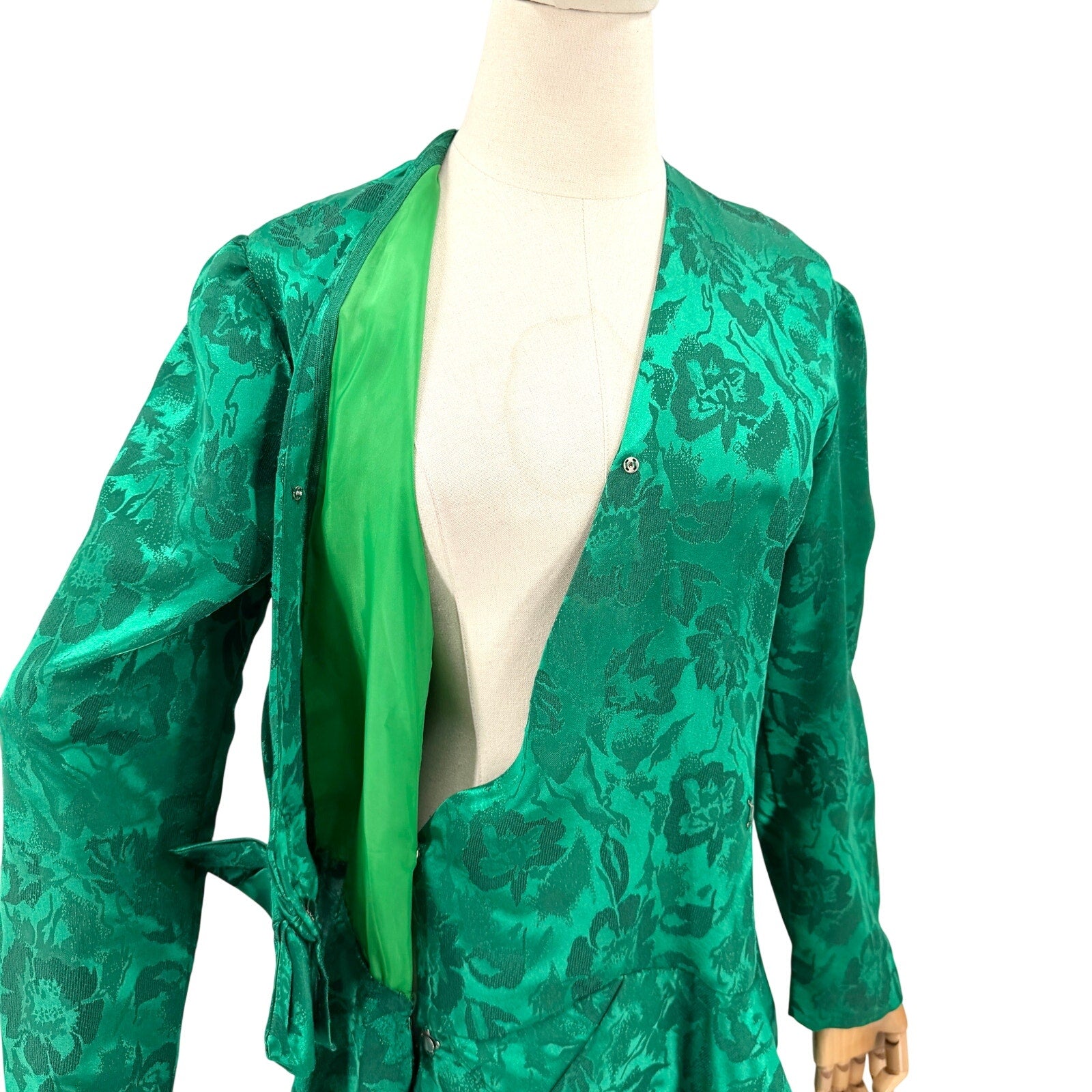 Vintage 80s Emerald Green Polyester Jacquard Drop Waist Wrap Tiered Ruffle Dress