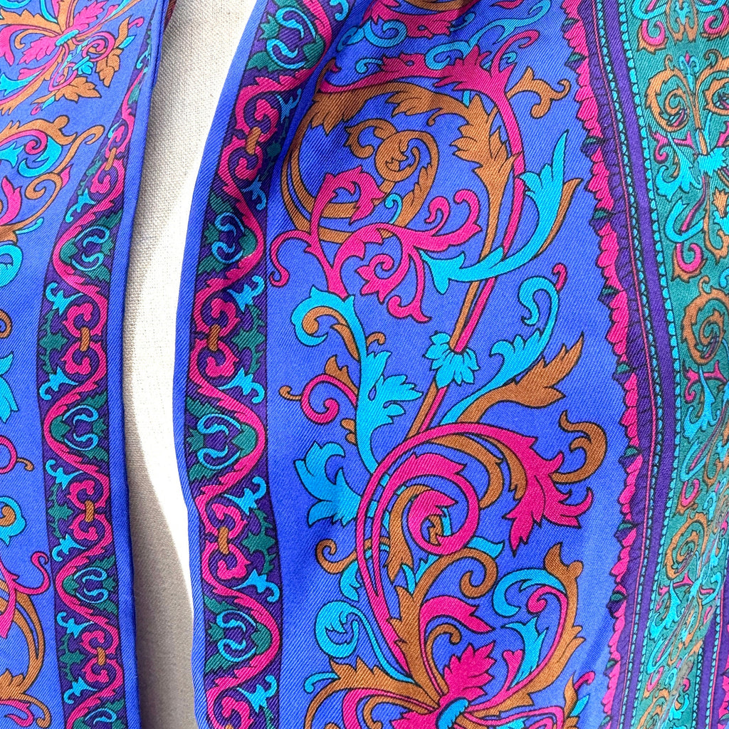 Vintage 80s Ginnie Johansen Royal Blue 100% Silk Baroque Paisley Fringe Scarf