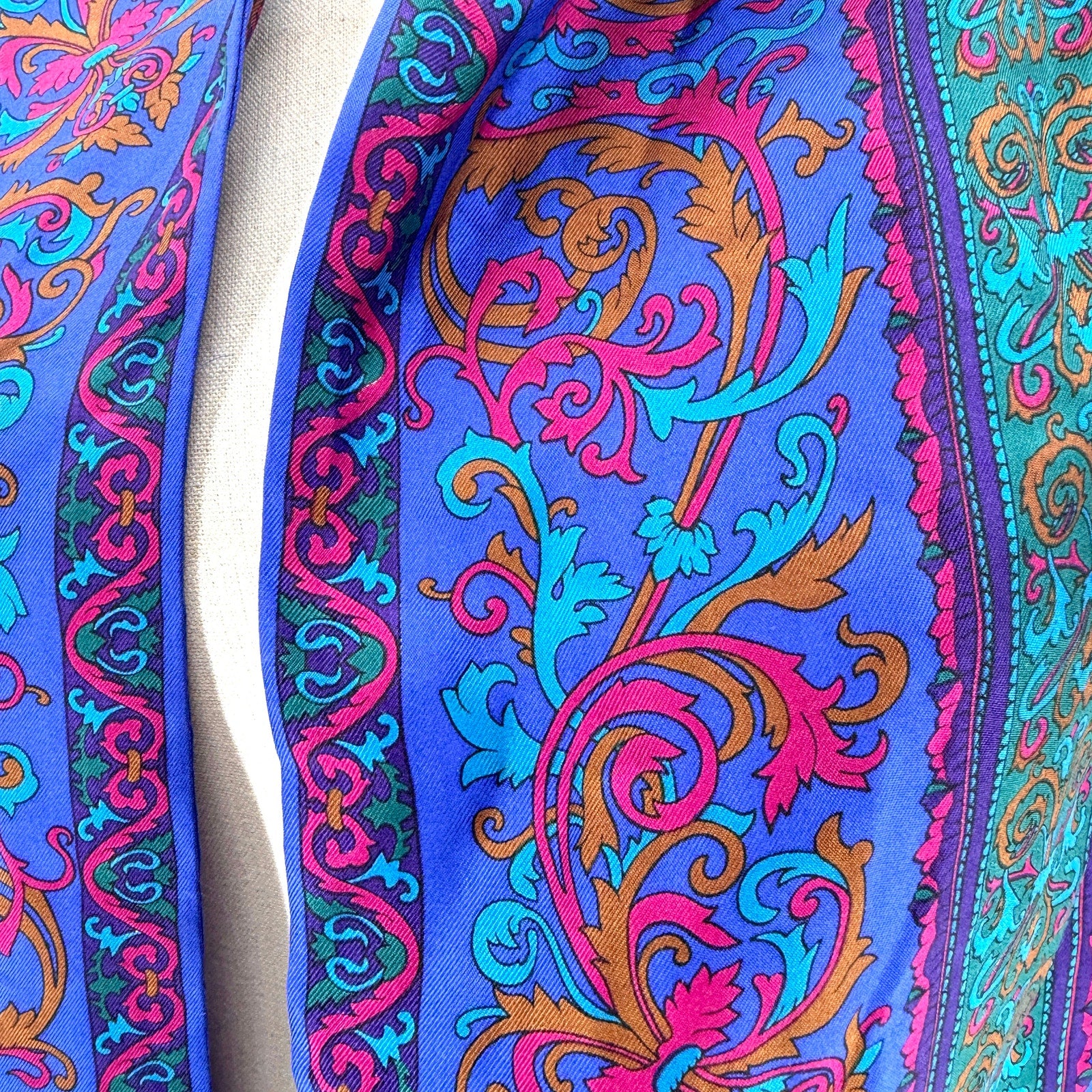 Vintage 80s Ginnie Johansen Royal Blue 100% Silk Baroque Paisley Fringe Scarf