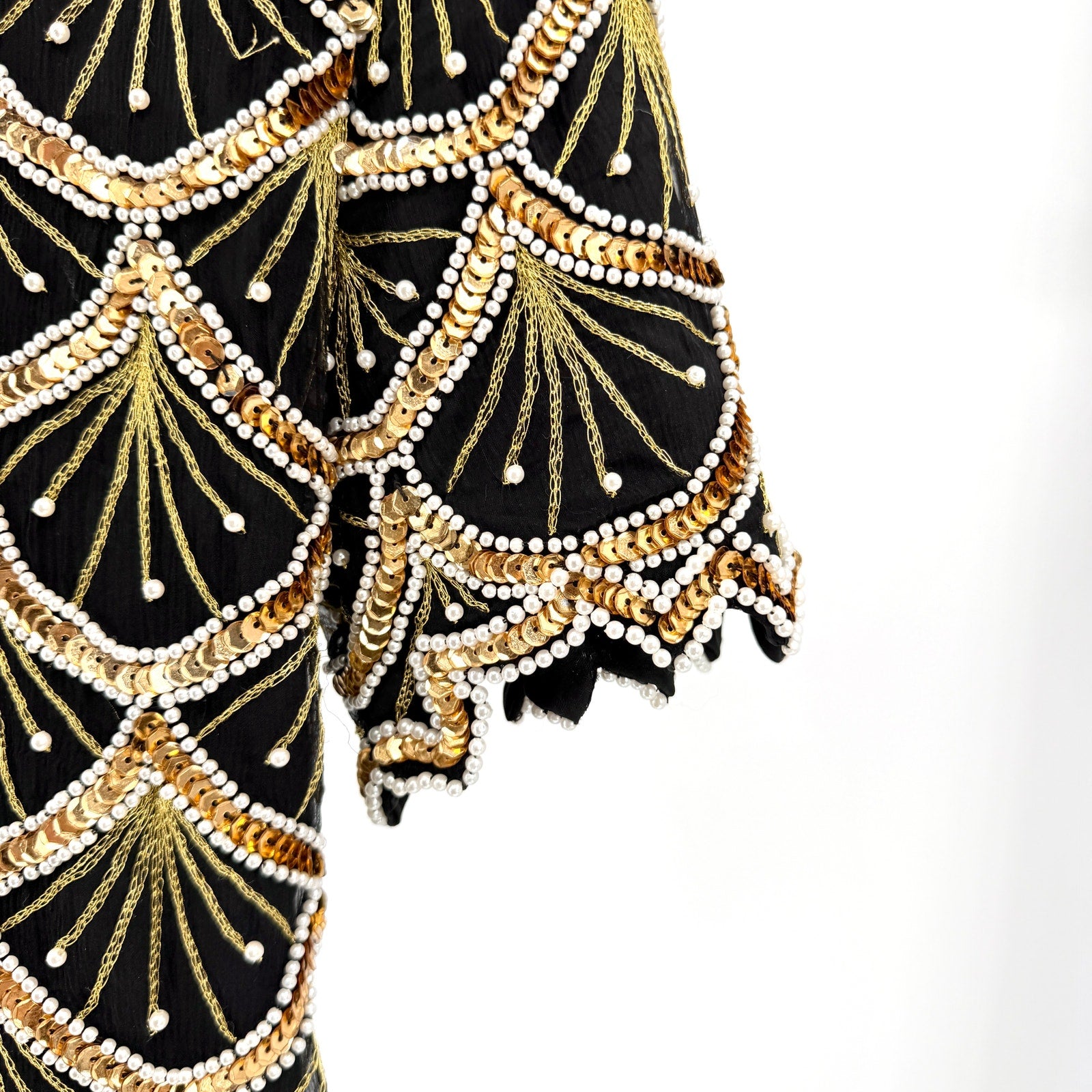 Vintage 80s Laurence Kazar Black 100% Silk Beaded Gold Sequin Pearl Glam Top