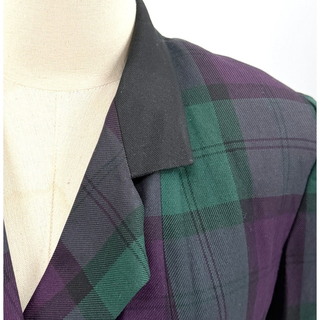 Vintage 90s Le Suit Petite Forest Green Purple Tartan Plaid Blazer Jacket
