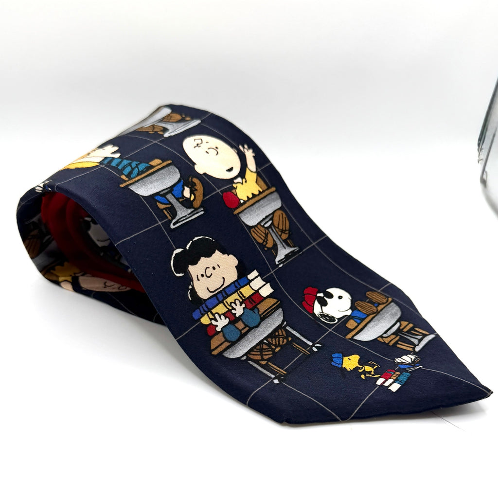 Vintage 90s Peanuts Navy Red 100% Silk School Is Cool Classroom Necktie