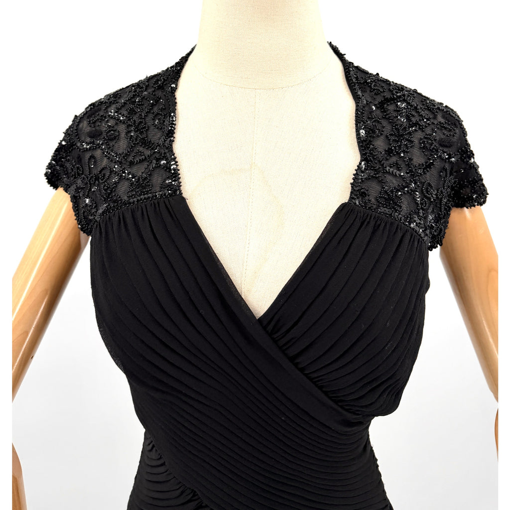 Vintage Y2K Tadashi Collection Black 100% Silk Beaded Vamp Goth Glam Gown