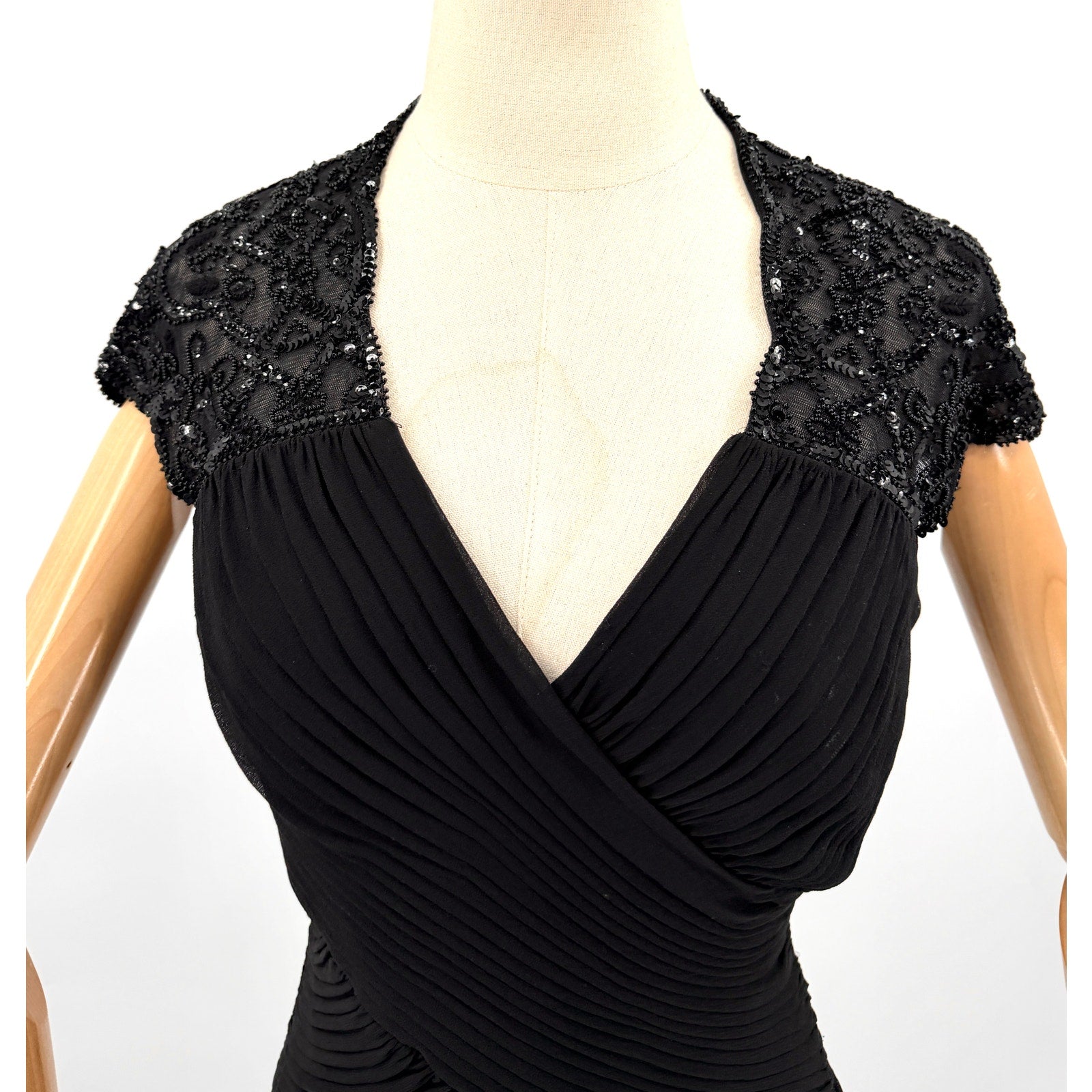 Vintage Y2K Tadashi Collection Black 100% Silk Beaded Vamp Goth Glam Gown