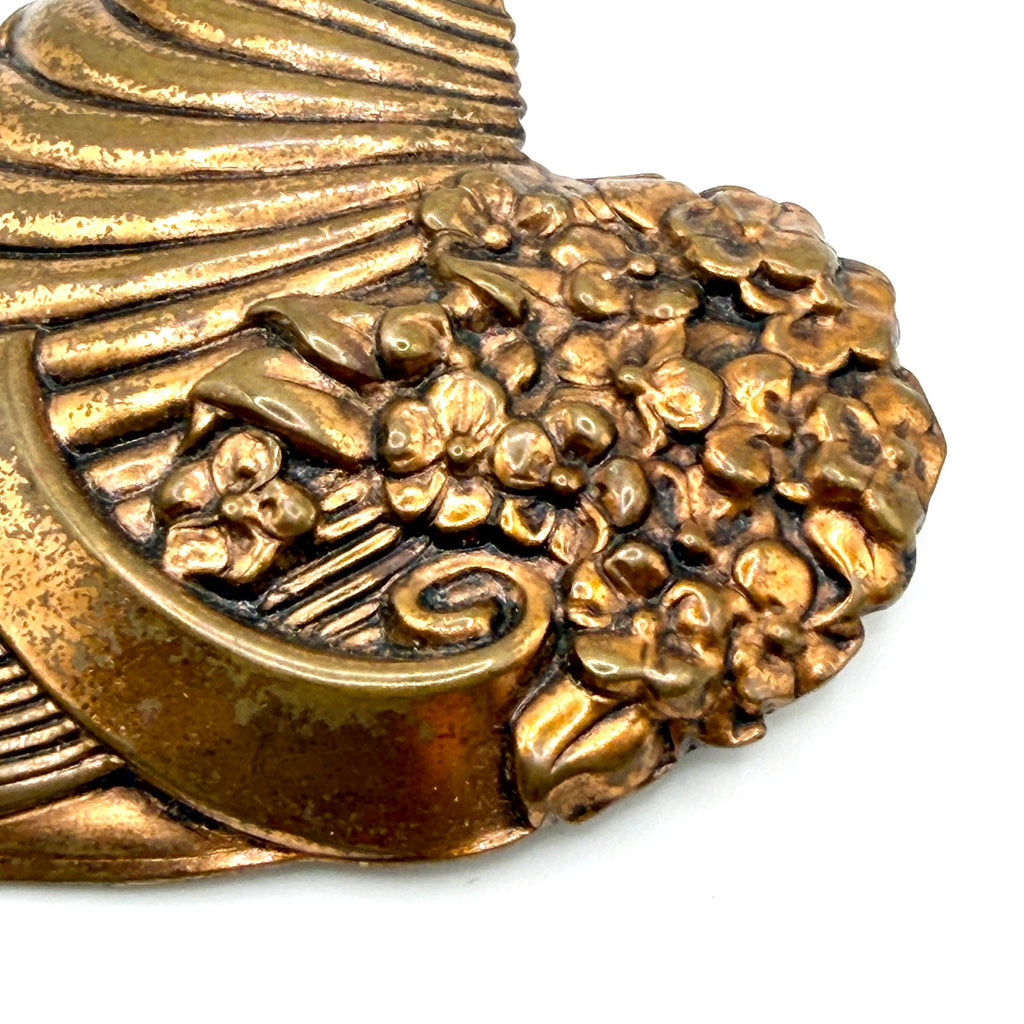 Vintage 80s Bronze Tone Fluted Heart Floral Swirl Brooch Pin