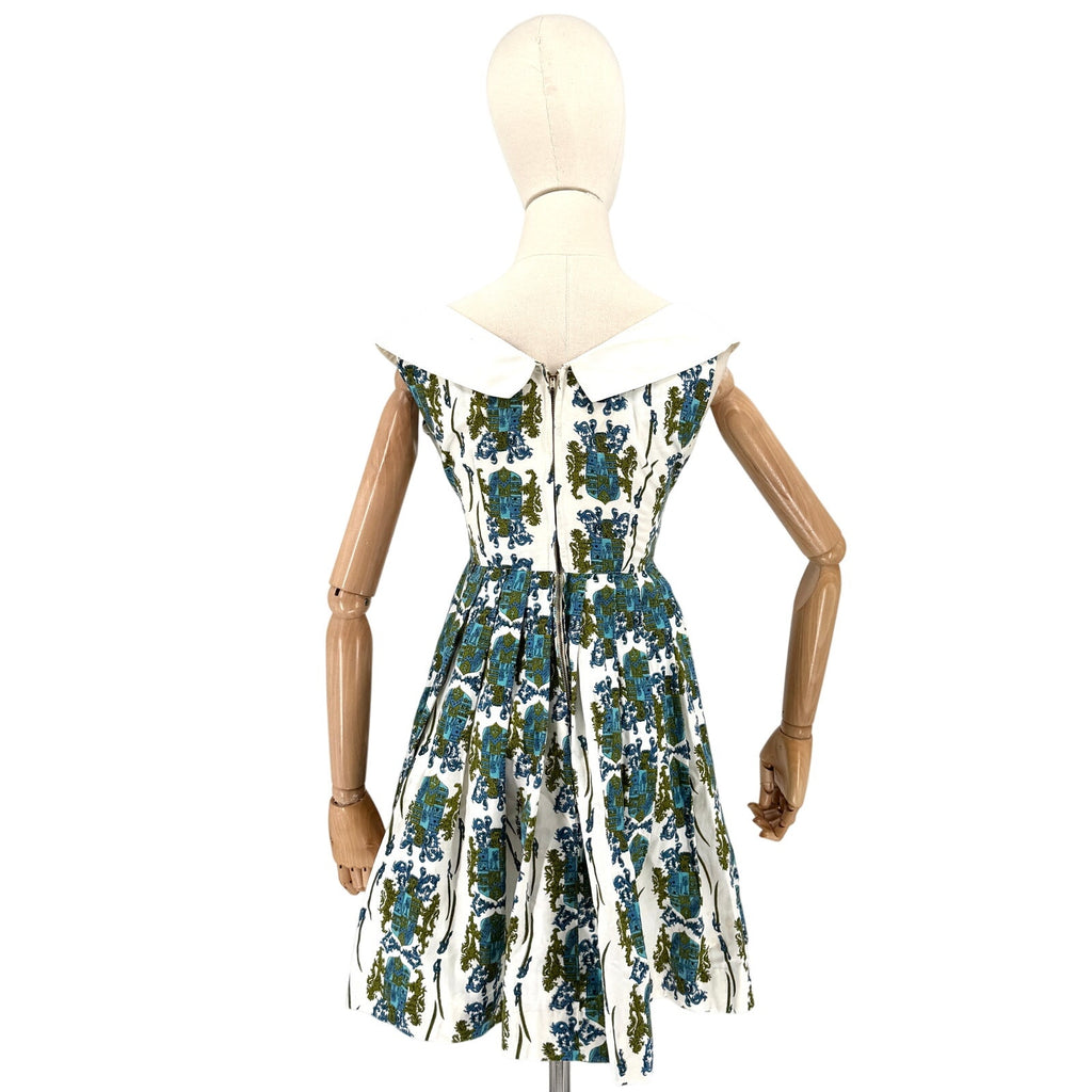 Vintage 60s Custom Made White Blue Crest Portrait Collar Mini Dress